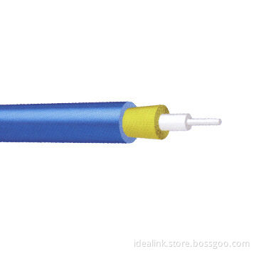 Optical fiber surrounded by aramid strength member, and a PVC tight buffer